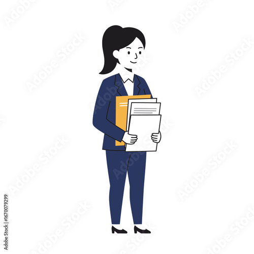 Professional businesswoman in a smart blue suit holding a stack of documents and folders. Flat vector character illustration of an office worker or corporate employee on a white background