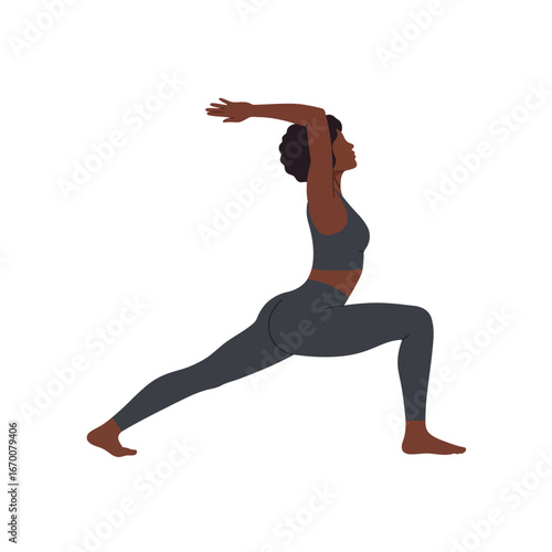 Young African American woman in a graceful high lunge yoga pose. Vector illustration promoting fitness, wellness, and mindfulness on an isolated white background