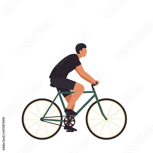 A young man in black athletic wear rides a green bicycle. This flat vector illustration is isolated on a white background, representing sports, fitness, and eco-friendly transportation