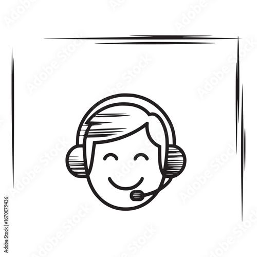A smiling cartoon person with headphones and microphone in a black and white line drawing style art