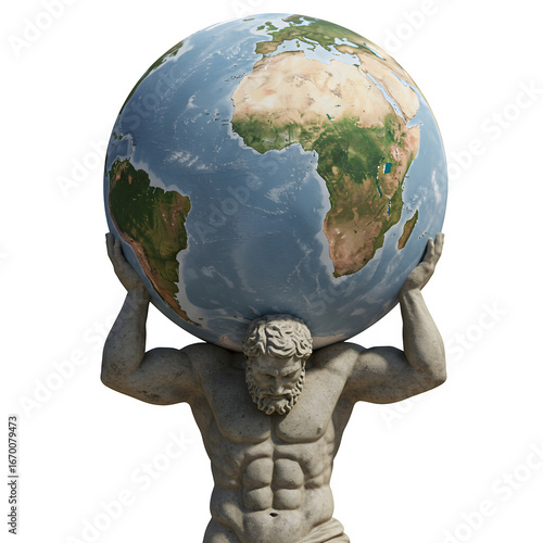Atlas Statue Holding Earth Globe Isolated on Transparent Background