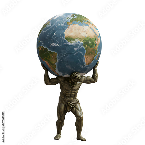 Atlas Statue Holding Earth Globe Isolated on Transparent Background