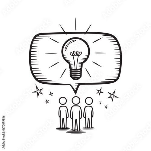 Three people under a lightbulb in a speech bubble surrounded by stars in a black and white drawing