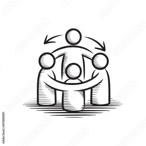 Illustration of a group of people surrounding a central figure with arrows indicating interaction