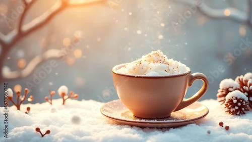 Hot chocolate cup with whipped cream on snow-covered surface  