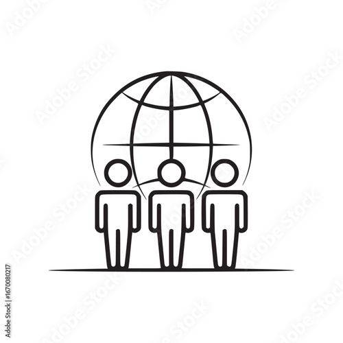 A simple line drawing of three people standing in front of a globe outline on a white background