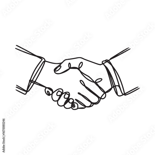 A continuous line drawing depicting a handshake between two people in black and white style art