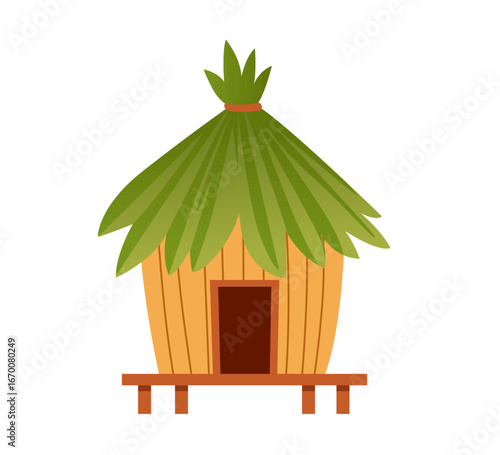 Tropical hut with palm leaf roof and woven walls. Traditional island dwelling with natural foliage covering. Exotic architecture design on wooden platform. Vector illustration isolated on white