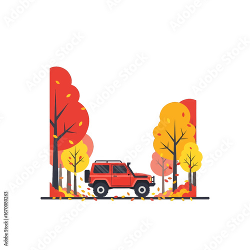 Red Off Road Vehicle Driving on Leaf Covered Road Between Autumnal Trees in Pixel Art Style