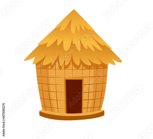 Thatched roof hut with woven walls. Traditional round tropical dwelling with straw covering and wooden base. Primitive architecture design for village concept. Vector illustration isolated on white