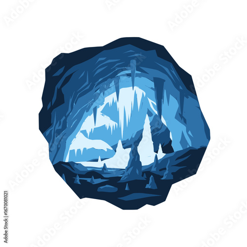 Digital Pixel Art Cave with Blue Stalactites and Stalagmites in a Subterranean Landscape
