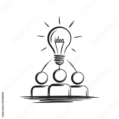 A sketch of a lightbulb with the word idea inside connected to three people in black and white