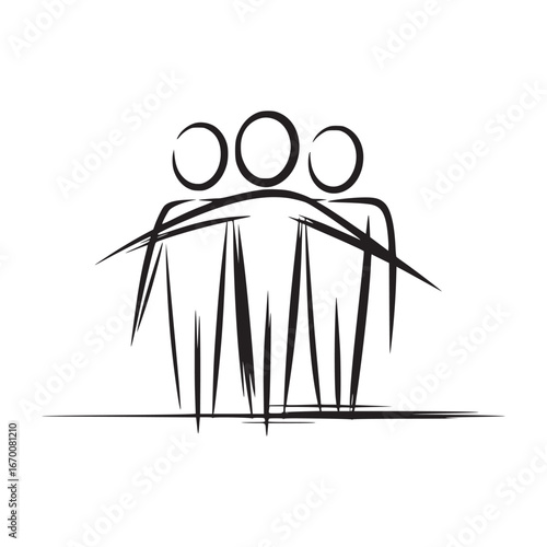 Abstract illustration of three stick figures with circles for heads standing together on a line