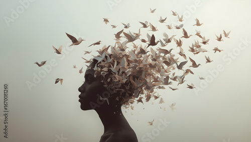 Surreal silhouette of woman with birds flying from her head