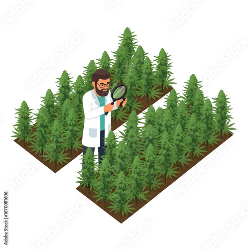 Scientist Inspecting Green Cannabis Plants with Magnifying Glass in a Field Pixel Art Style