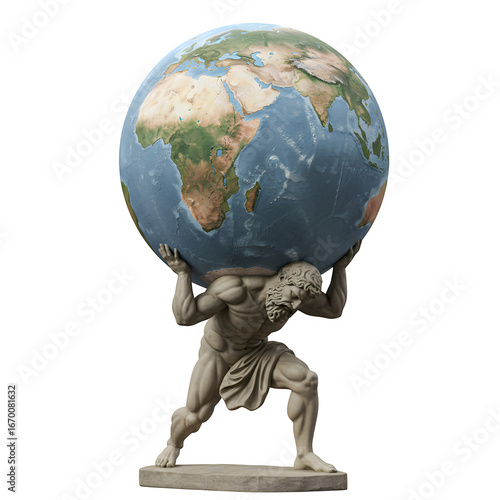Atlas Statue Holding Earth Globe Isolated on Transparent Background