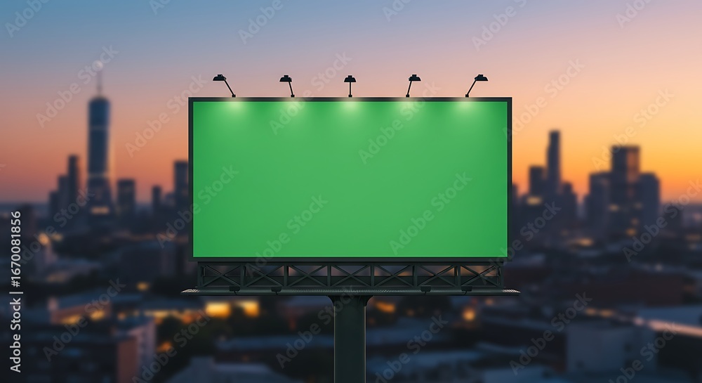 Obraz premium Empty green screen billboard with spotlights against a blurred city skyline at sunset.