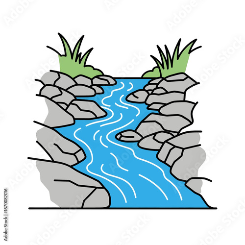 Cartoon Waterfall Cascading Over Grey Rocks with Green Grass in a Serene Scene Illustration