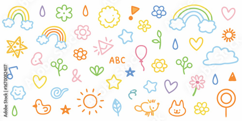 Bright and Cheerful Hand Drawn Doodles with Animals Nature and Symbols sketch drawing