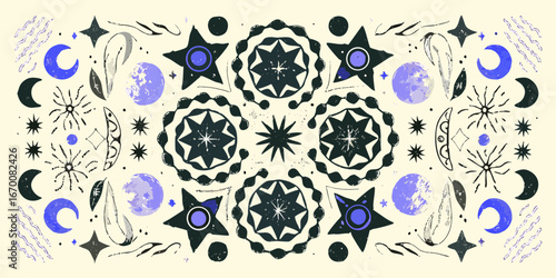 Celestial Motif with Moon Stars and Geometric Ornaments in Dark Tones abstract background