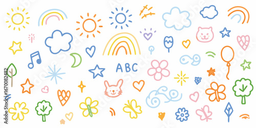 Colorful Hand Drawn Doodles of Nature Animals and Symbols for Kids sketch drawing