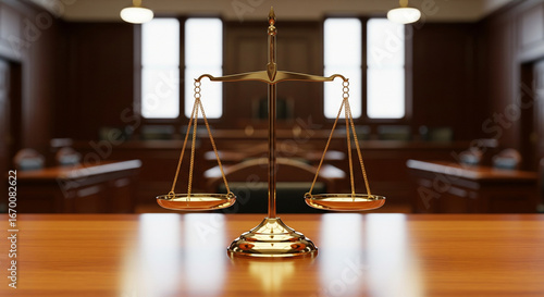 Realistic symbolic justice scene showing golden balance scale on a judge’s table in courtroom background.