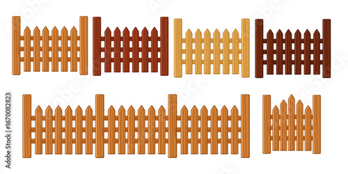 Wooden fence collection with different designs including vertical slats and cross bracing. Various brown wood tones and construction styles. Rural and residential fencing set. Vector illustration