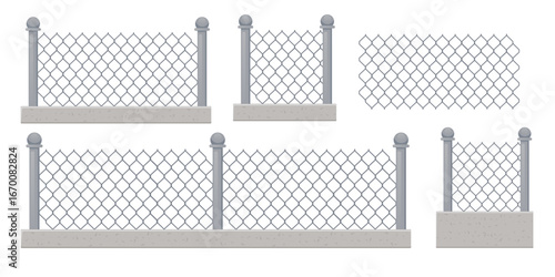 Chain link fence sections with metal posts and concrete bases. Wire mesh security fencing for industrial and residential properties. Gray steel construction elements set. Vector illustration isolated