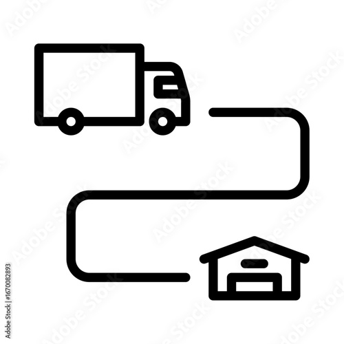 Truck route to warehouse outline icon. delivery truck black line illustration.