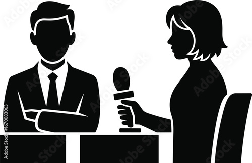 Business interview illustration, journalist interviewing businessman, press conference icon, reporter with microphone, media communication graphic, professional discussion vector, news reporting art