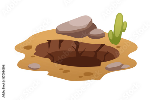 Desert crater with cactus and stone rocks on sandy orange surface. Southwestern landscape pit for western themes and adventure games. Vector illustration isolated on white background