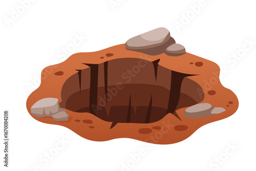Orange rocky crater with gray stone formations scattered around irregular edges. Desert landscape pit for game environments and outdoor adventures. Vector illustration on white background
