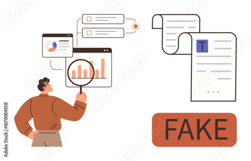 Person with magnifying glass inspecting charts, data, and documents labeled fake. Ideal for fraud detection, data research, misinformation awareness, digital literacy, cybersecurity, verification