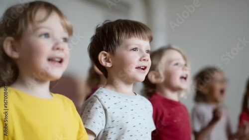 Group of young children singing, joyful atmosphere with focus on their expressions, captures a candid moment of childhood innocence and harmony