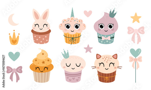 Cute cartoon cupcake clipart set. Birthday cupcake with cute faces and decorative elements. Vector illustration