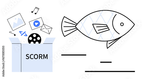 SCORM box releasing media files, coding icons, and email with symbolic fish depicting efficient digital content delivery. Ideal for eLearning, education, training, automation, development, content