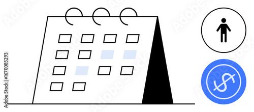 Calendar with marked dates, human figure representing users, and dollar icon suggesting financial planning. Ideal for time management, appointments, team organization, personal finance, resource