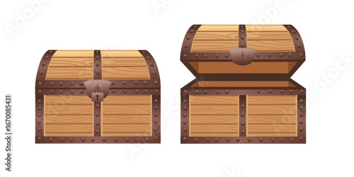 Wooden treasure chests with metal reinforcements. Locked and opened pirate coffers with iron bands and rivets. Brown wooden boxes for adventure games and fantasy themes. Vector illustration on white