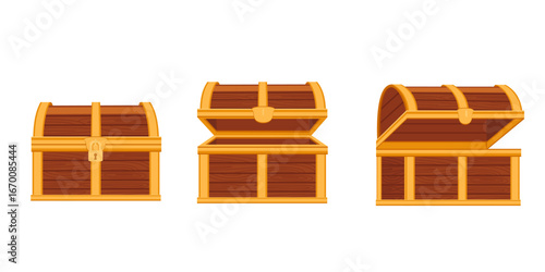 Golden treasure chest collection. Three wooden coffers in different positions with metal clasps. Pirate boxes for adventure games and fantasy applications. Vector illustration isolated on white