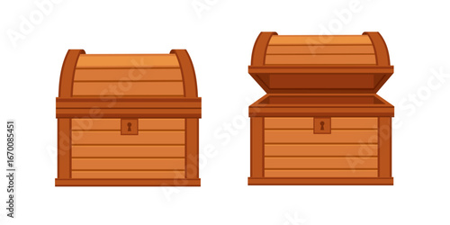 Orange wooden treasure chests with keyhole locks. Traditional pirate coffers showing closed and opened states. Bright colored storage boxes for adventure gaming. Vector illustration on white