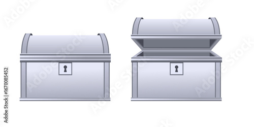 Silver metal treasure chests with curved tops. Modern steel coffers in closed and open positions. Contemporary storage containers for futuristic themes. Vector illustration isolated on white