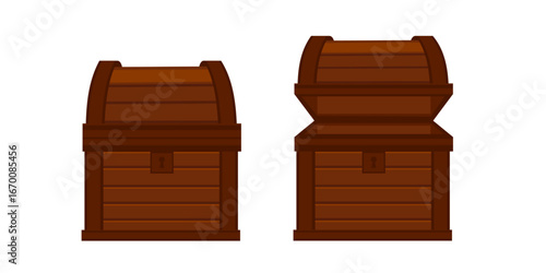 Dark brown wooden treasure chests with curved lids. Traditional pirate coffers in closed and opened states. Rich mahogany storage boxes for adventure themes. Vector illustration on white