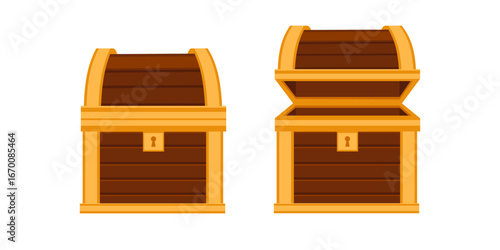Yellow wooden treasure chests with keyholes and clasps. Bright golden coffers in closed and open positions. Cartoon-style pirate boxes for games. Vector illustration isolated on white