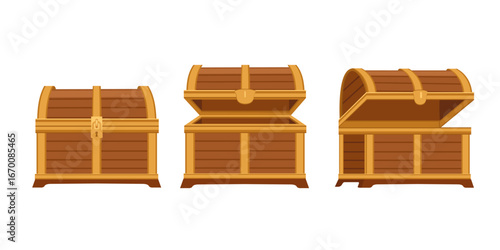 Ornate wooden treasure chests with golden reinforcements. Three decorative coffers in various positions. Luxury pirate boxes with detailed craftsmanship. Vector illustration on white background
