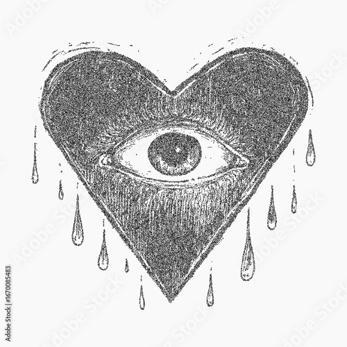 Tattoo style, crying heart. Rough abstract shape with dusty grain, faded threshold lines, and gritty stipple texture. Blotchy ink surface and soft paper noise.