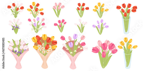 Tulip flower bouquets collection. Colorful spring blooms in various arrangements and wrapping styles. Pink, red, yellow and purple flowers with green stems. Vector illustration on white