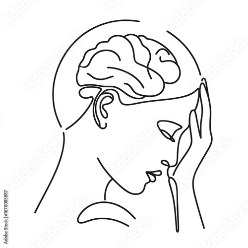 Woman holding migraine head with brain illustration in simple line art  