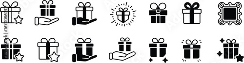 Gift box icons, present symbols, holiday packages, surprise rewards, festive elements, celebration graphics, decorative designs, party theme, bonus offers, flat vector