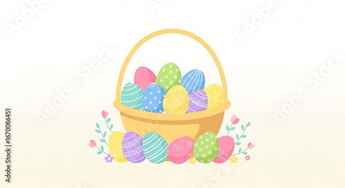 Festive Easter Basket with Colorful Eggs and Floral Accents Illustration.