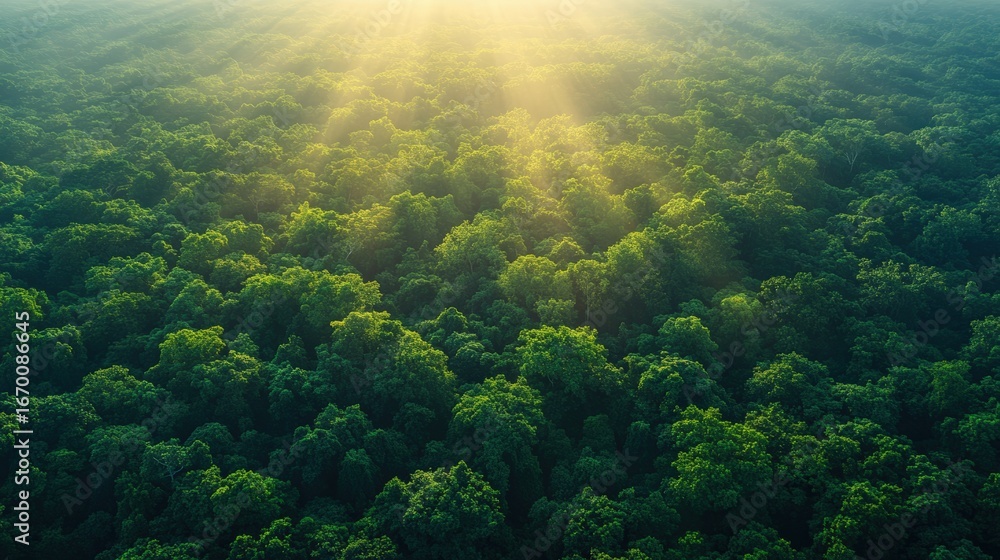 Obraz premium A breathtaking aerial view of a lush green forest bathed in golden sunlight, highlighting the beauty of nature and the serenity of the landscape.